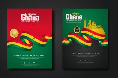 Cumhuriyet Gana 'nın poster tasarımını zarif kurdele şekilli bayrak, altın halka kurdele ve Gana şehriyle mutlu bir Bağımsızlık Günü arka plan şablonu yapın. vektör çizimleri