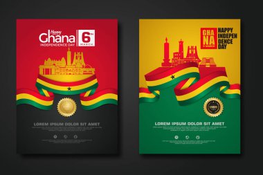 Cumhuriyet Gana 'nın poster tasarımını zarif kurdele şekilli bayrak, altın halka kurdele ve Gana şehriyle mutlu bir Bağımsızlık Günü arka plan şablonu yapın. vektör çizimleri