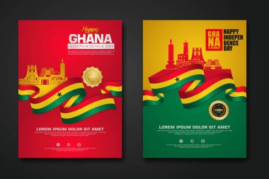 Cumhuriyet Gana 'nın poster tasarımını zarif kurdele şekilli bayrak, altın halka kurdele ve Gana şehriyle mutlu bir Bağımsızlık Günü arka plan şablonu yapın. vektör çizimleri