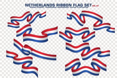 Hollanda Ribbon bayrağı seti, tasarım elemanı. Şeffaf bir arkaplanda 3D. vektör illüstrasyonu