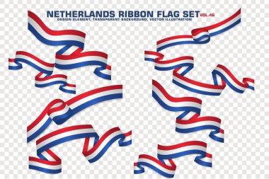 Hollanda Ribbon bayrağı seti, tasarım elemanı. Şeffaf bir arkaplanda 3D. vektör illüstrasyonu