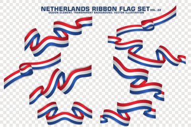 Hollanda Ribbon bayrağı seti, tasarım elemanı. Şeffaf bir arkaplanda 3D. vektör illüstrasyonu