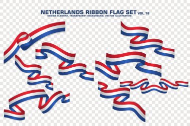 Hollanda Ribbon bayrağı seti, tasarım elemanı. Şeffaf bir arkaplanda 3D. vektör illüstrasyonu