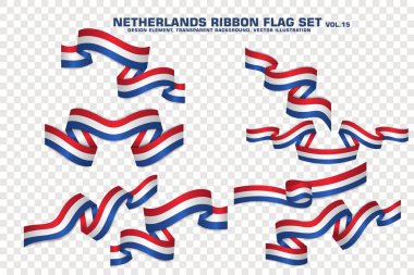 Hollanda Ribbon bayrağı seti, tasarım elemanı. Şeffaf bir arkaplanda 3D. vektör illüstrasyonu