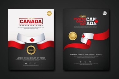 Poster tasarımı Kanada Mutlu Bağımsızlık Günü şablonu zarif kurdele şekilli, altın halka kurdeleli. vektör illüstrasyonu