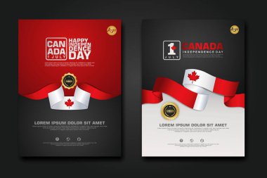 Poster tasarımı Kanada Mutlu Bağımsızlık Günü şablonu zarif kurdele şekilli, altın halka kurdeleli. vektör illüstrasyonu