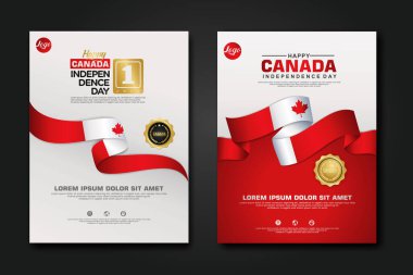 Poster tasarımı Kanada Mutlu Bağımsızlık Günü şablonu zarif kurdele şekilli, altın halka kurdeleli. vektör illüstrasyonu