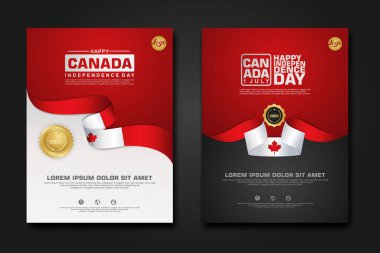Poster tasarımı Kanada Mutlu Bağımsızlık Günü şablonu zarif kurdele şekilli, altın halka kurdeleli. vektör illüstrasyonu