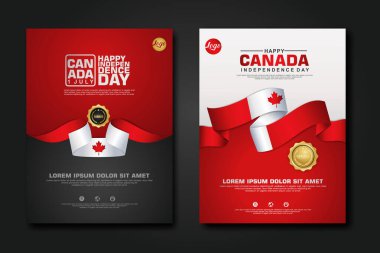 Poster tasarımı Kanada Mutlu Bağımsızlık Günü şablonu zarif kurdele şekilli, altın halka kurdeleli. vektör illüstrasyonu