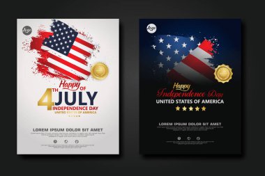 Amerika Birleşik Devletleri poster tasarımı Mutlu Bağımsızlık Günü arka plan şablonu Zarif kurdele şekilli bayrak, altın halka kurdele. vektör illüstrasyonu