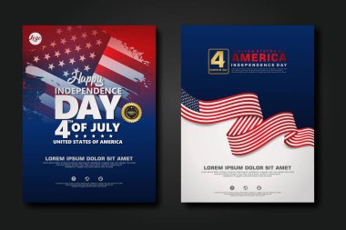 Amerika Birleşik Devletleri poster tasarımı Mutlu Bağımsızlık Günü arka plan şablonu Zarif kurdele şekilli bayrak, altın halka kurdele. vektör illüstrasyonu