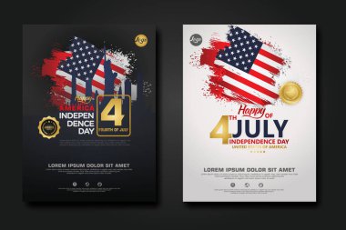 Amerika Birleşik Devletleri poster tasarımı Mutlu Bağımsızlık Günü arka plan şablonu Zarif kurdele şekilli bayrak, altın halka kurdele. vektör illüstrasyonu