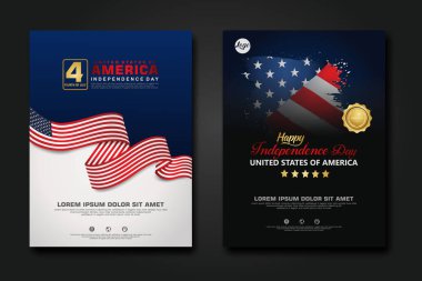 Amerika Birleşik Devletleri poster tasarımı Mutlu Bağımsızlık Günü arka plan şablonu Zarif kurdele şekilli bayrak, altın halka kurdele. vektör illüstrasyonu