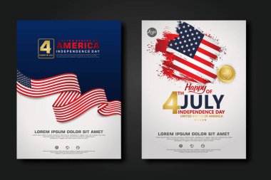 Amerika Birleşik Devletleri poster tasarımı Mutlu Bağımsızlık Günü arka plan şablonu Zarif kurdele şekilli bayrak, altın halka kurdele. vektör illüstrasyonu