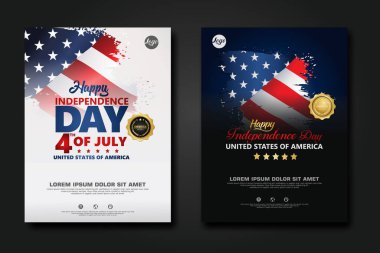 Amerika Birleşik Devletleri poster tasarımı Mutlu Bağımsızlık Günü arka plan şablonu Zarif kurdele şekilli bayrak, altın halka kurdele. vektör illüstrasyonu