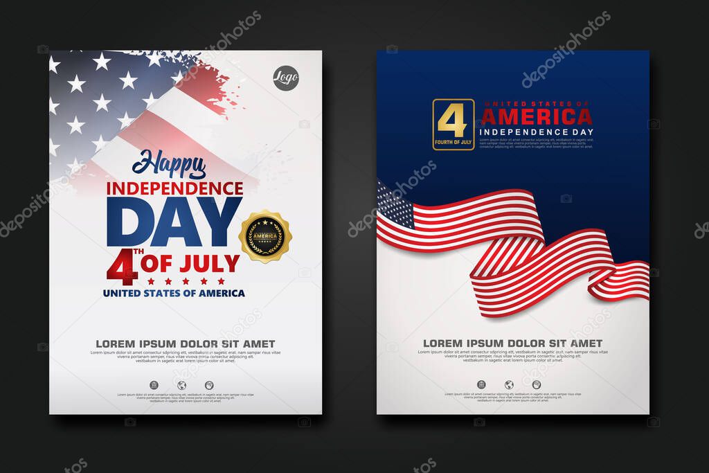 Set poster design united states of America happy Independence Day background template with elegant ribbon-shaped flag, gold circle ribbon. vector illustration