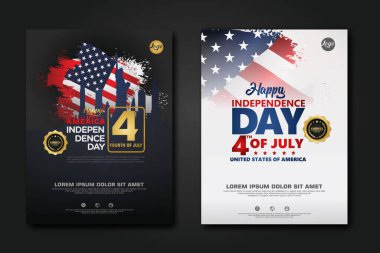 Amerika Birleşik Devletleri poster tasarımı Mutlu Bağımsızlık Günü arka plan şablonu Zarif kurdele şekilli bayrak, altın halka kurdele. vektör illüstrasyonu