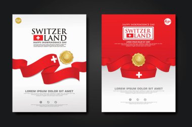 Set poster design Switzerland happy Independence Day background template with elegant ribbon-shaped flag, gold circle ribbon. vector illustrations