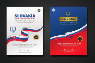 Set poster design Slovakia Constitution Day background template with elegant ribbon-shaped flag, gold circle ribbon. vector illustration