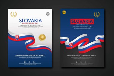Set poster design Slovakia Constitution Day background template with elegant ribbon-shaped flag, gold circle ribbon. vector illustration
