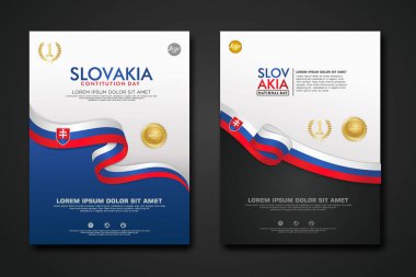 Set poster design Slovakia Constitution Day background template with elegant ribbon-shaped flag, gold circle ribbon. vector illustration