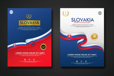 Set poster design Slovakia Constitution Day background template with elegant ribbon-shaped flag, gold circle ribbon. vector illustration