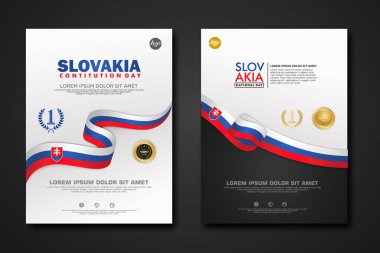 Set poster design Slovakia Constitution Day background template with elegant ribbon-shaped flag, gold circle ribbon. vector illustration