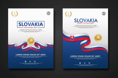Set poster design Slovakia Constitution Day background template with elegant ribbon-shaped flag, gold circle ribbon. vector illustration