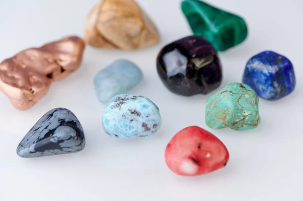 Ten Different Gemstones White Background Including Copper Garnet Larimar Coral — Stock Fotó