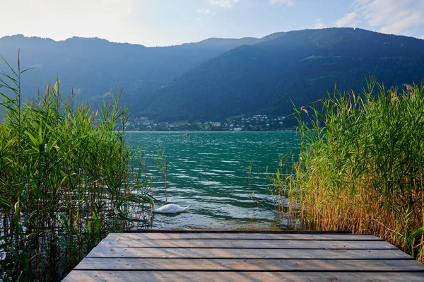 Wooden Jetty Reeds View Lake Ossiach Austria Just Sunset — Foto Stock