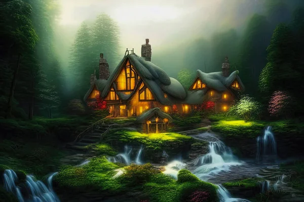 Illustration Eines Gemütlich Beleuchteten Holzhauses Wald Neben Wasserfällen — Stockfoto