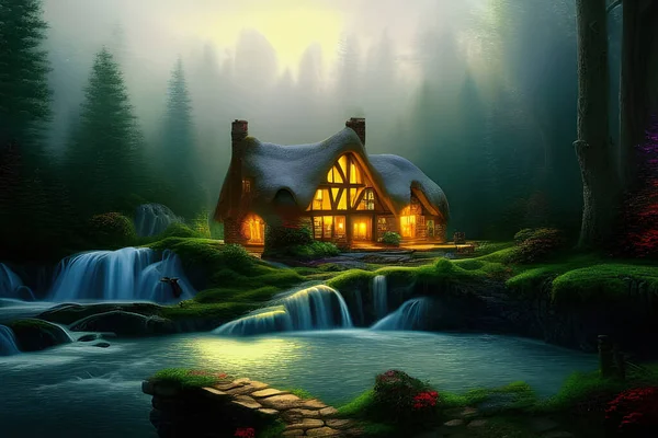 Illustrazione Accogliente Casa Legno Illuminato Nella Foresta Accanto Alle Cascate — Foto Stock