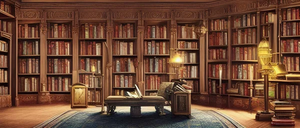 Illustration Beautiful Large Library Wooden Shelves Old Books — Stock Photo, Image