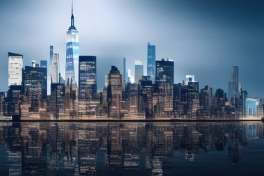 Su yansıtmalı soğuk renklerle New York 'un fütüristik şehir panoramasının çizimi, kopyalama alanı olan dijital sanat