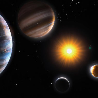 Güneş etrafındaki gezegenlerin çizimi, dijital sanat