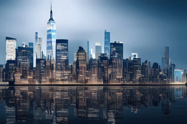 Ilustração Panorama Futurista Cidade Nova York Cores Frias Com Reflexão Imagens Royalty-Free