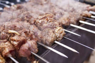 Kavrulmuş Tavuk eti şiş üzerinde açık havada koymak soğan ile