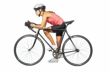 Female professional cycling athlete posing with racing bike