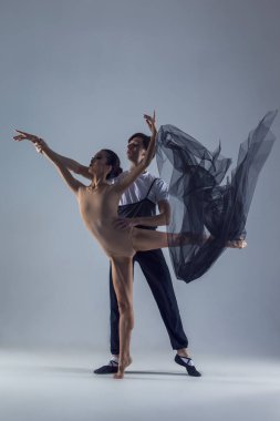 Karışık Bale Çifti Stüdyoda Birlikte Sahne alırken Kız Kıyafeti ve Beyaz Arkaplan Karşıtı Peçe Giyiyor. Dikey Yönlendirme