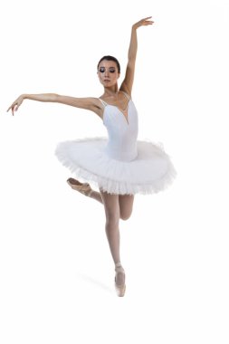 Bale Konseptleri. Beyaz Arkaplan Karşısında Beyaz Tutu Giyen Profesyonel Japon Kadın Bale Dansçısı. Dikey Bileşim