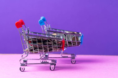 Kredi, Yatırım, Emeklilik, Tasarruf, Finans, Borç, İpotek, Kriz veya Mor Menekşe Üzerindeki Yükseliş Olarak Para Dolu İki Alışveriş Arabası. Yatay Görüntü