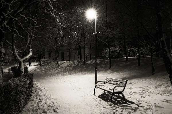 Ένα παγκάκι στο πάρκο στην χειμωνιάτικη νύχτα — Φωτογραφία Αρχείου