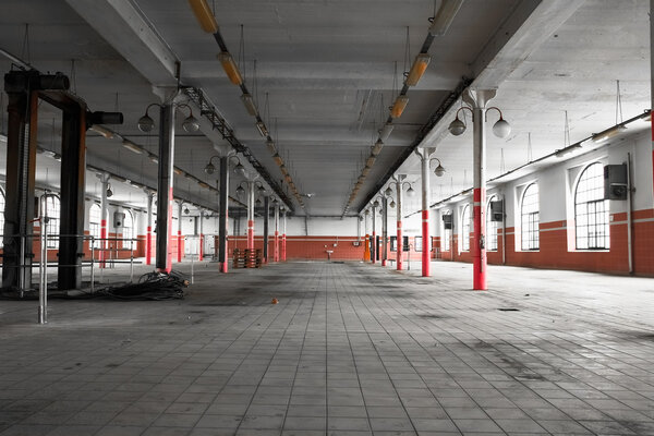 An empty industrial warehouse interior, old beer house