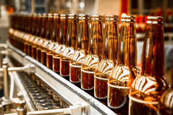 Bierflaschen auf dem Förderband lizenzfreie Stockfotos