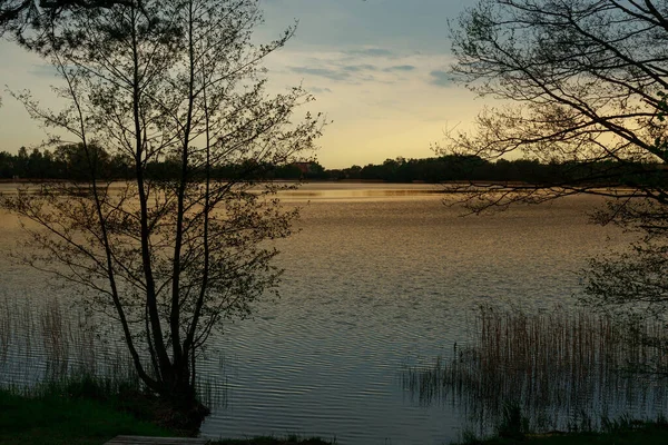 Puesta Sol Lago Lago Olow Masuria Por Noche Paisaje Moody — Foto de Stock
