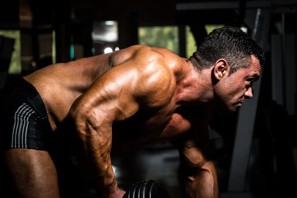 Male bodybuilder doing heavy weight exercise for back — Stock Photo, Image