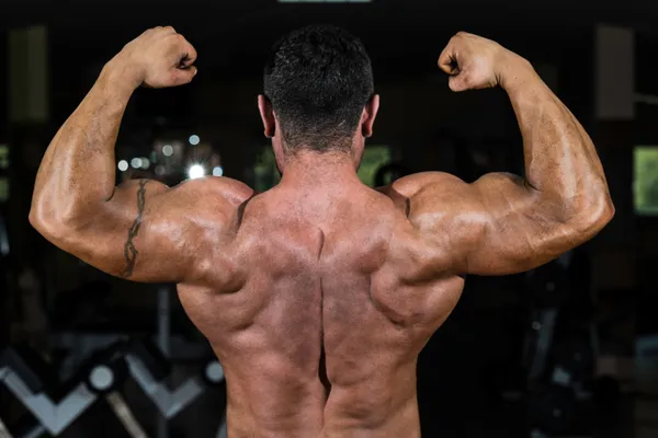 Muscular fisiculturista mostrando suas costas bíceps duplos — Fotografia de Stock