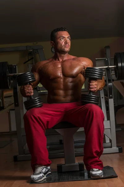 Shirtless construtor de corpo posando com halteres no banco — Fotografia de Stock