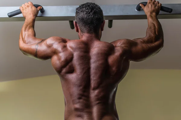 Male body builder doing heavy weight exercise for back — Stock Photo, Image