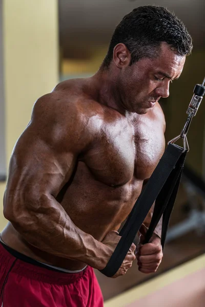 Kablo ile triceps için ağır egzersiz yaparak vücut geliştirmeci — Stok fotoğraf